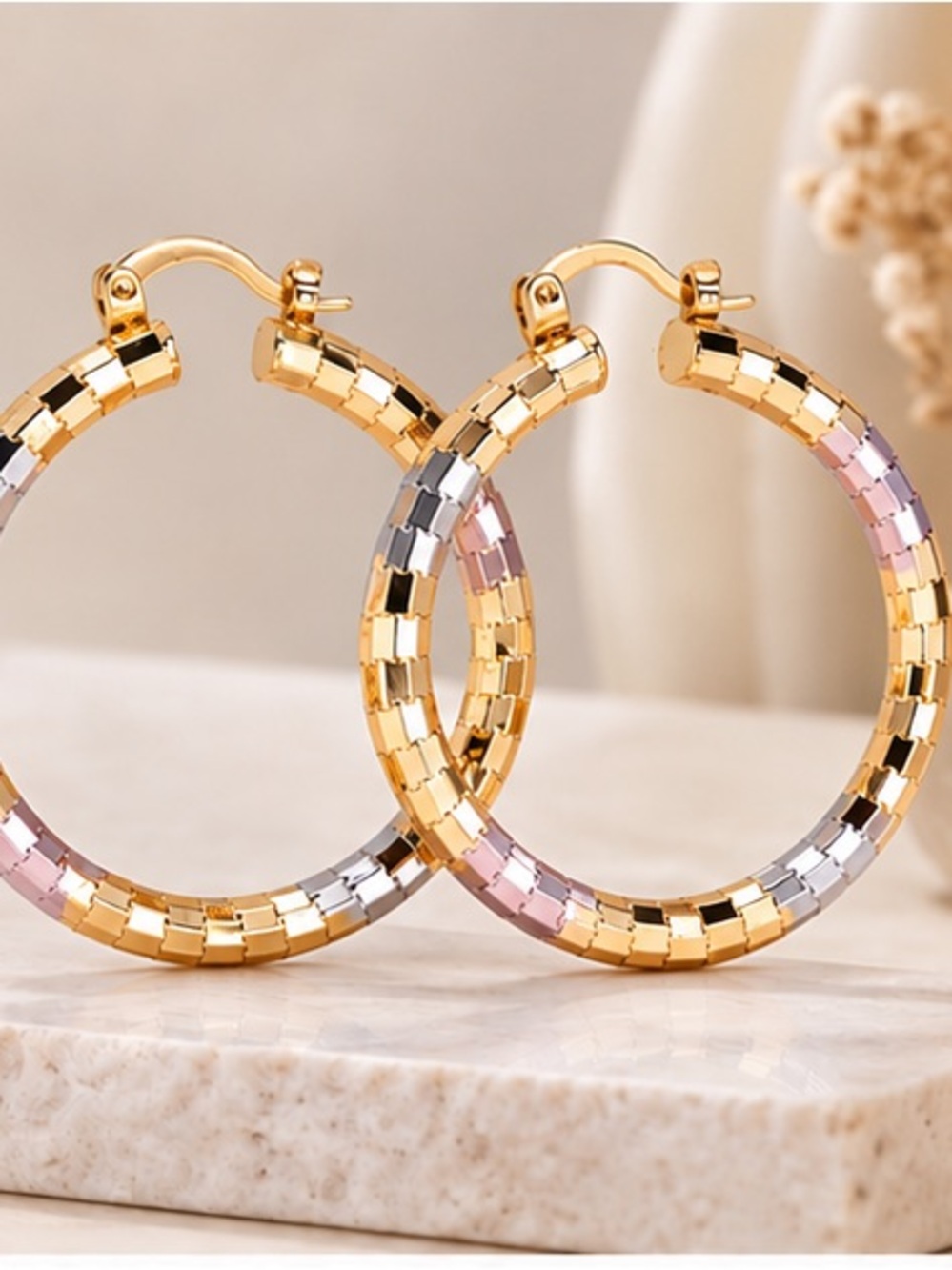 Tri-Tone Faceted Hoop Earrings 50mm Gold Silver Rose Gold